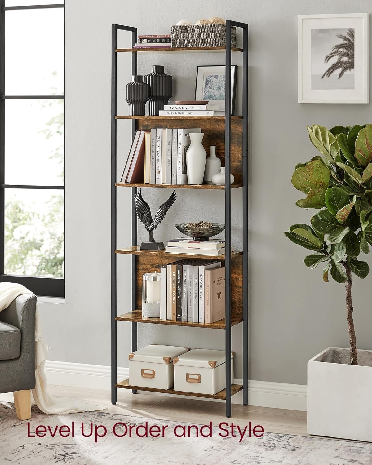 6 Tier Industrial Bookcase Rustic Brown Shelf Tall Storage Unit 60x24x186cm
