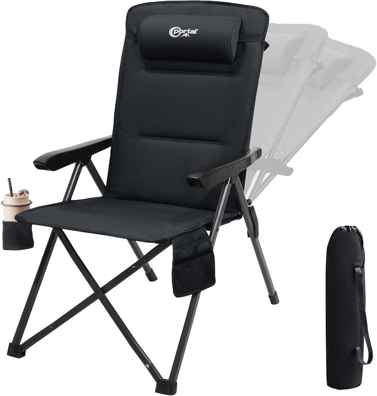 Reclining Folding Camping Chair Padded Heavy Duty 160KG XL with Cup Holder