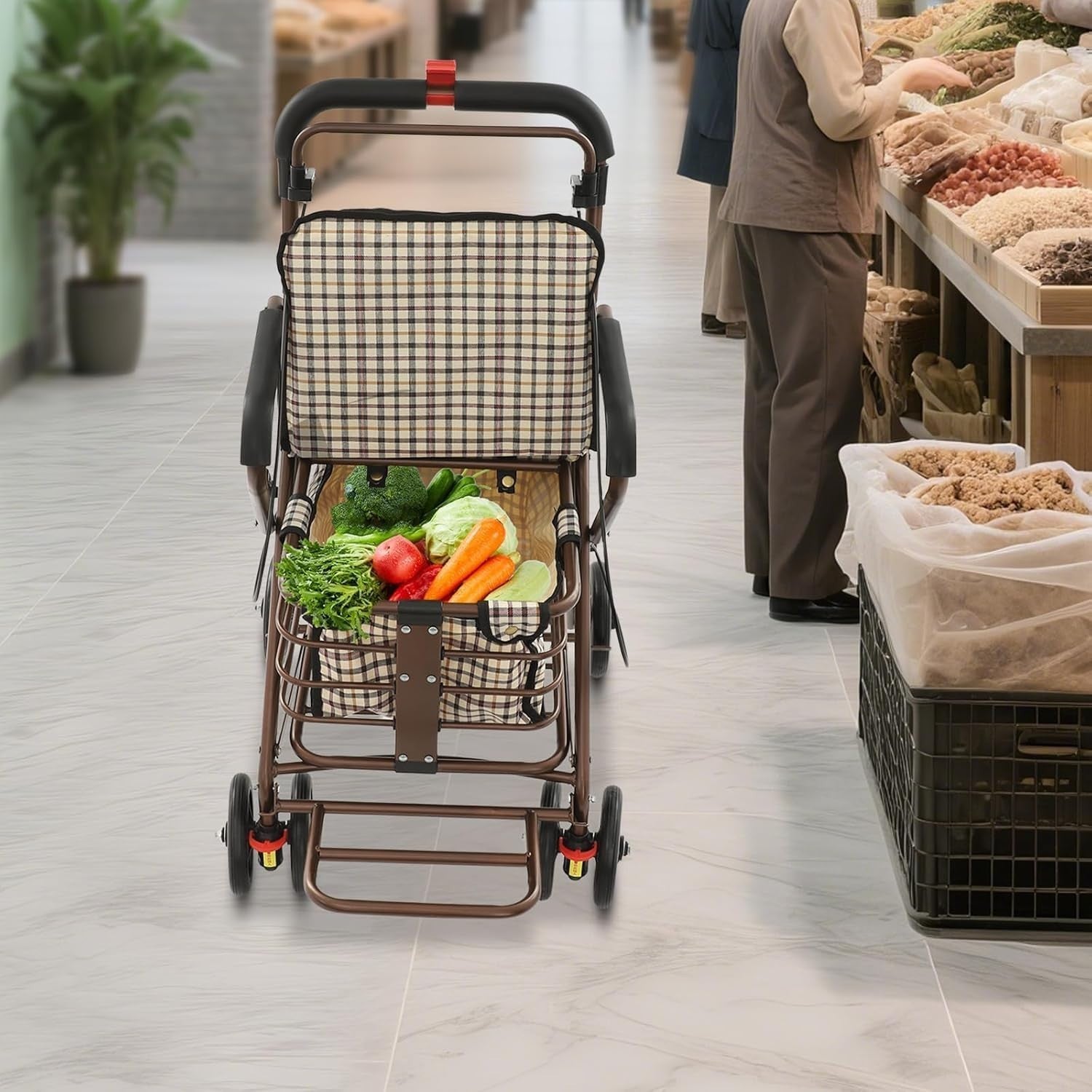 Foldable 4-Wheel Shopping Cart with Seat – Rollator Walker for Seniors
