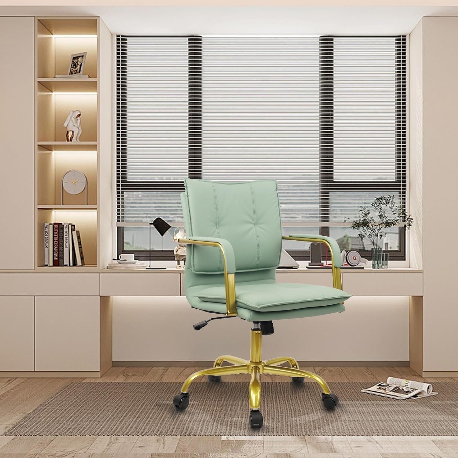 Ergonomic Office Desk Chair Swivel Wheel Green Faux Leather Adjustable Height