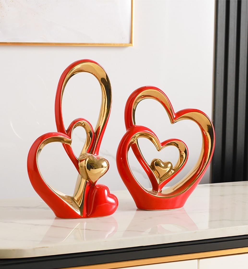 Red Gold Double Heart Ceramic Sculpture Modern Romantic Home Decor Ornament Gift