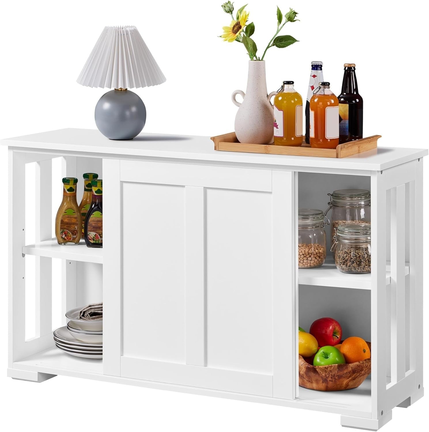 White Sideboard Cabinet 63.5cm Buffet Sliding Door Adjustable Shelf