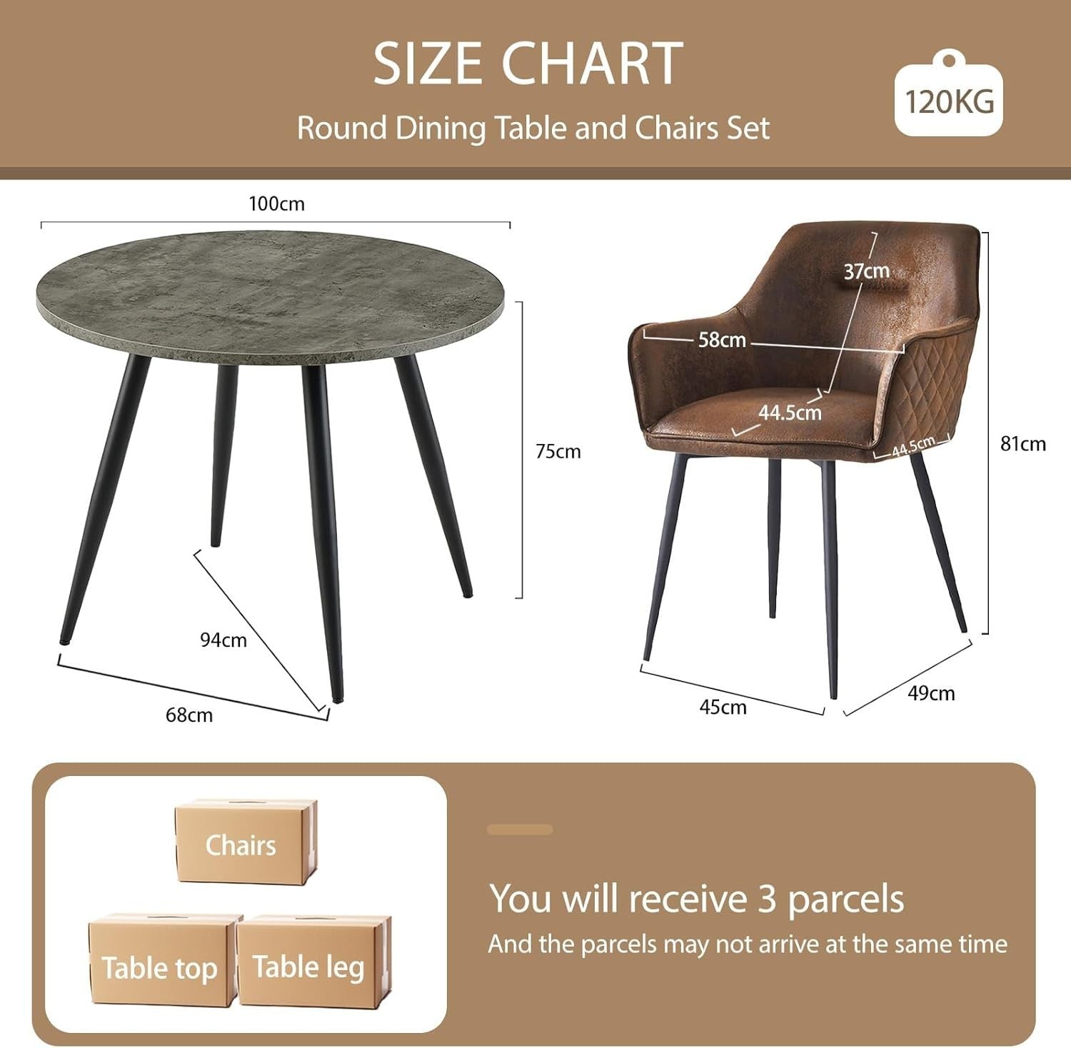 Round Grey Marble Dining Table Set with 2 Faux Suede Chairs Kitchen Room