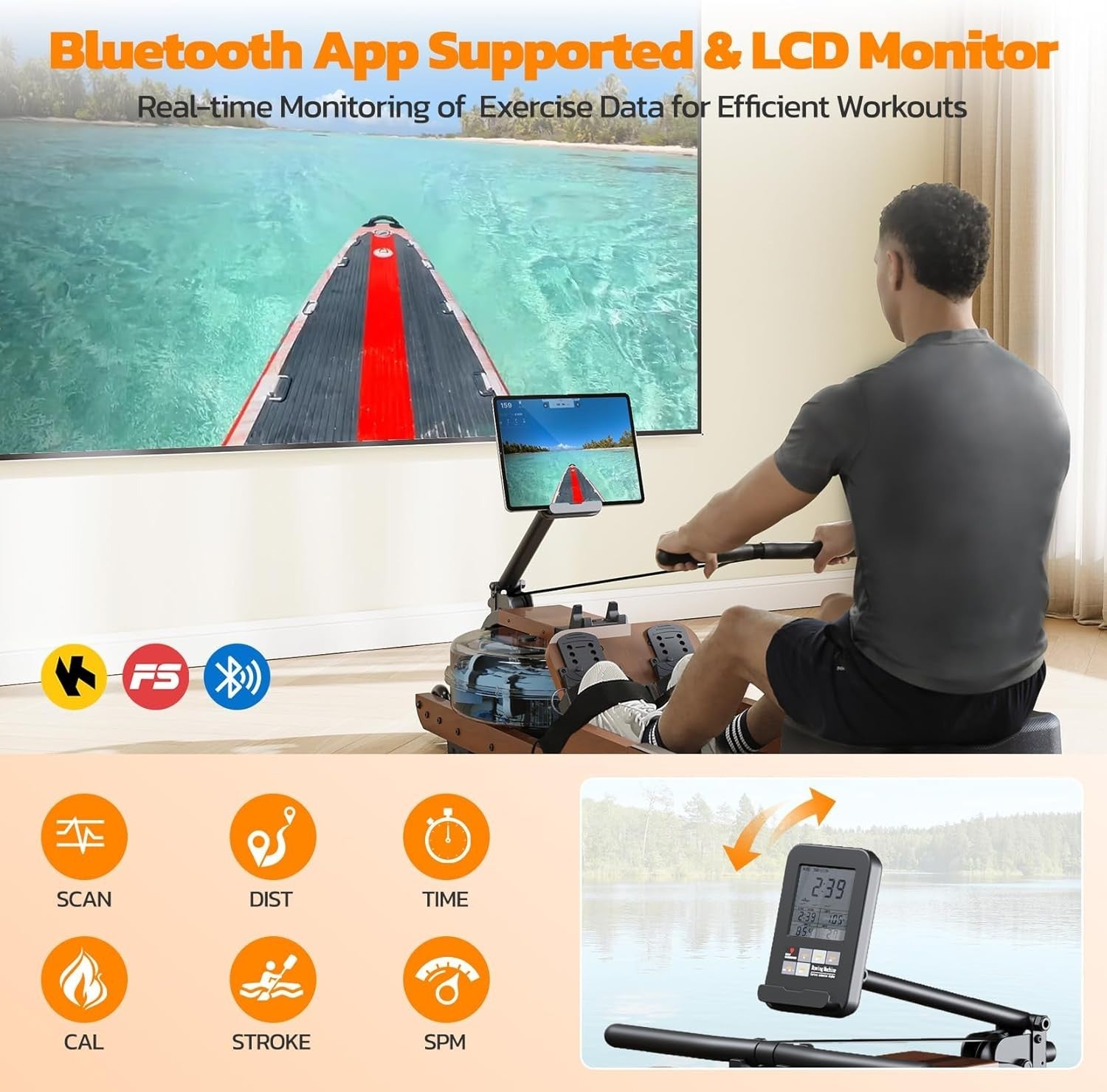 Foldable Oak Wood Water Rowing Machine Bluetooth LCD Home Rower 350LB Capacity
