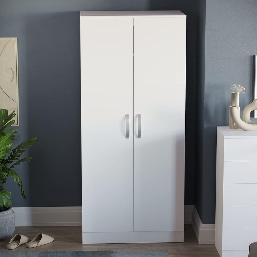 2 Door White Wardrobe High Gloss Finish Compact Clothes Storage Cabinet