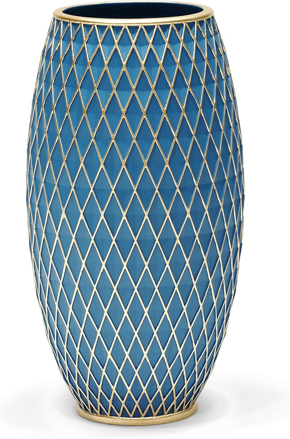 Large Blue Gold Decorative Floor Vase 28.5cm Modern Diamond Pattern Décor