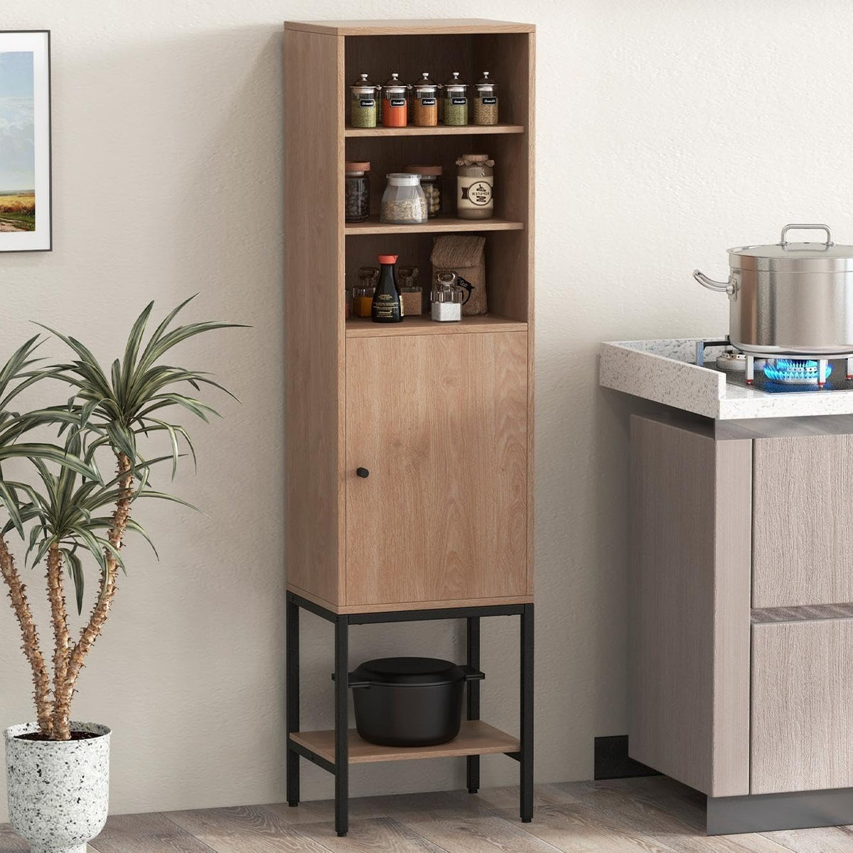 146cm Tall Wooden Storage Cabinet Natural Adjustable Shelves Slim Cupboard