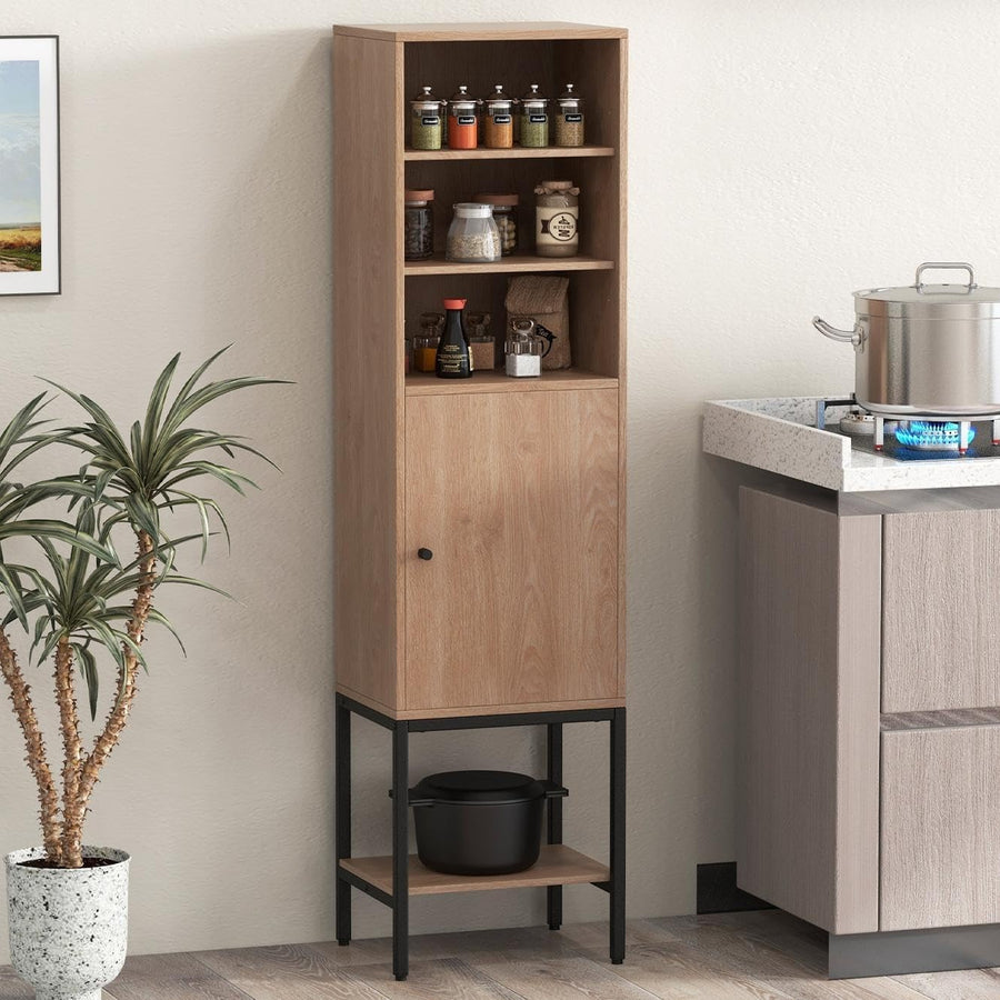 146cm Tall Wooden Storage Cabinet Natural Adjustable Shelves Slim Cupboard