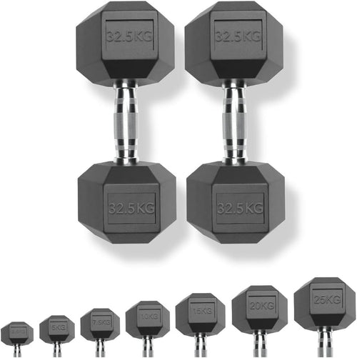 65kg Dumbbell Pair 2x32.5kg Rubber Hex Weights Commercial Home Gym