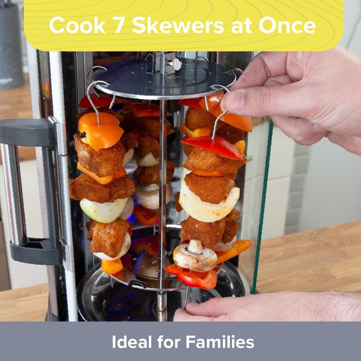 21L Rotisserie Kebab Grill 7 Skewers Vertical Cooker 1500W Timer Glass