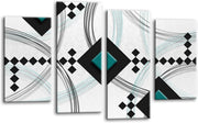 Teal Black White Abstract Wall Art 4 Panel Framed Canvas Set