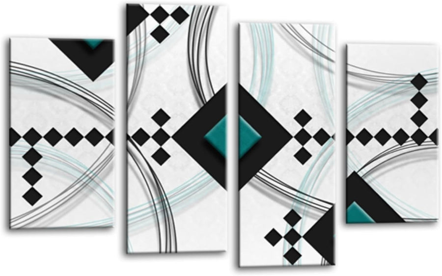 Teal Black White Abstract Wall Art 4 Panel Framed Canvas Set