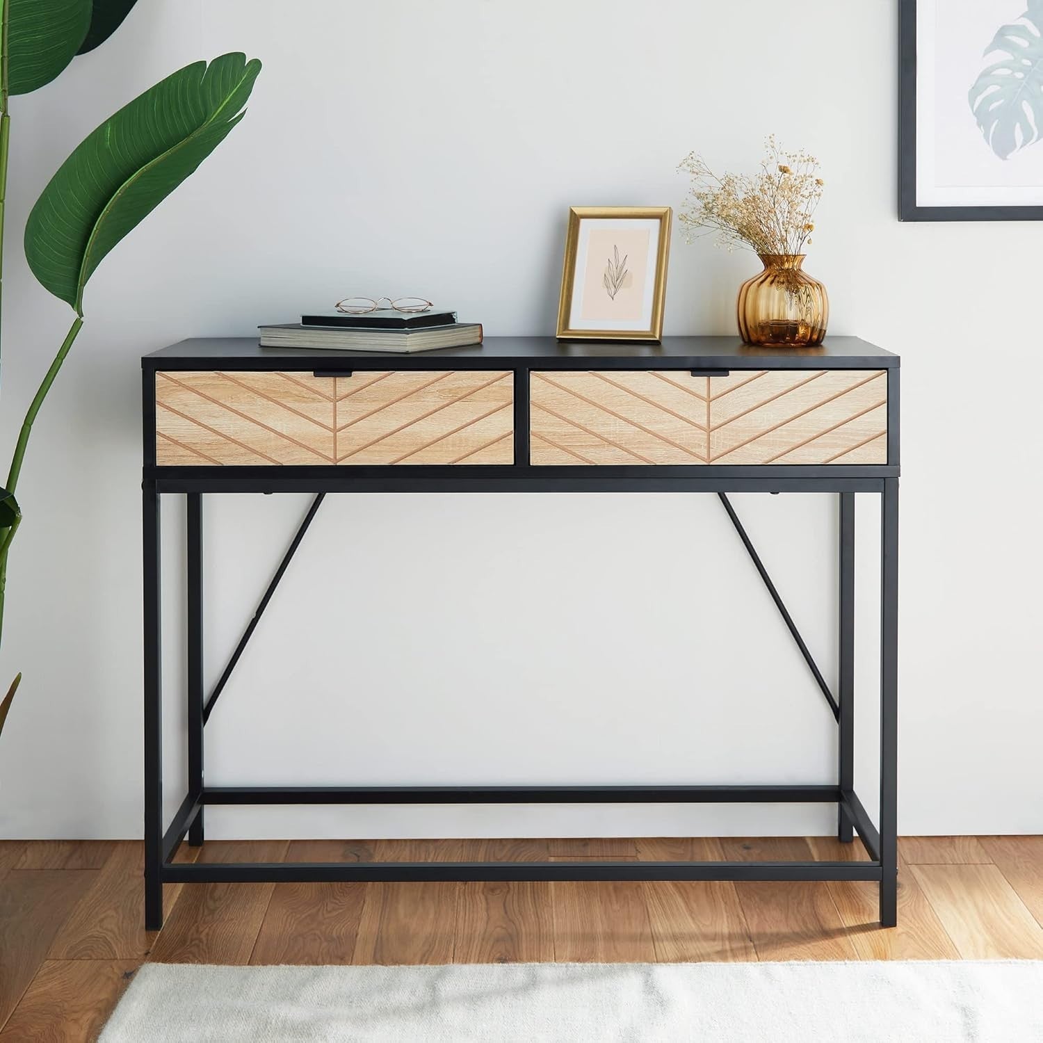 Modern Console Table w/ Drawers – Chevron Black Wood Hallway Storage