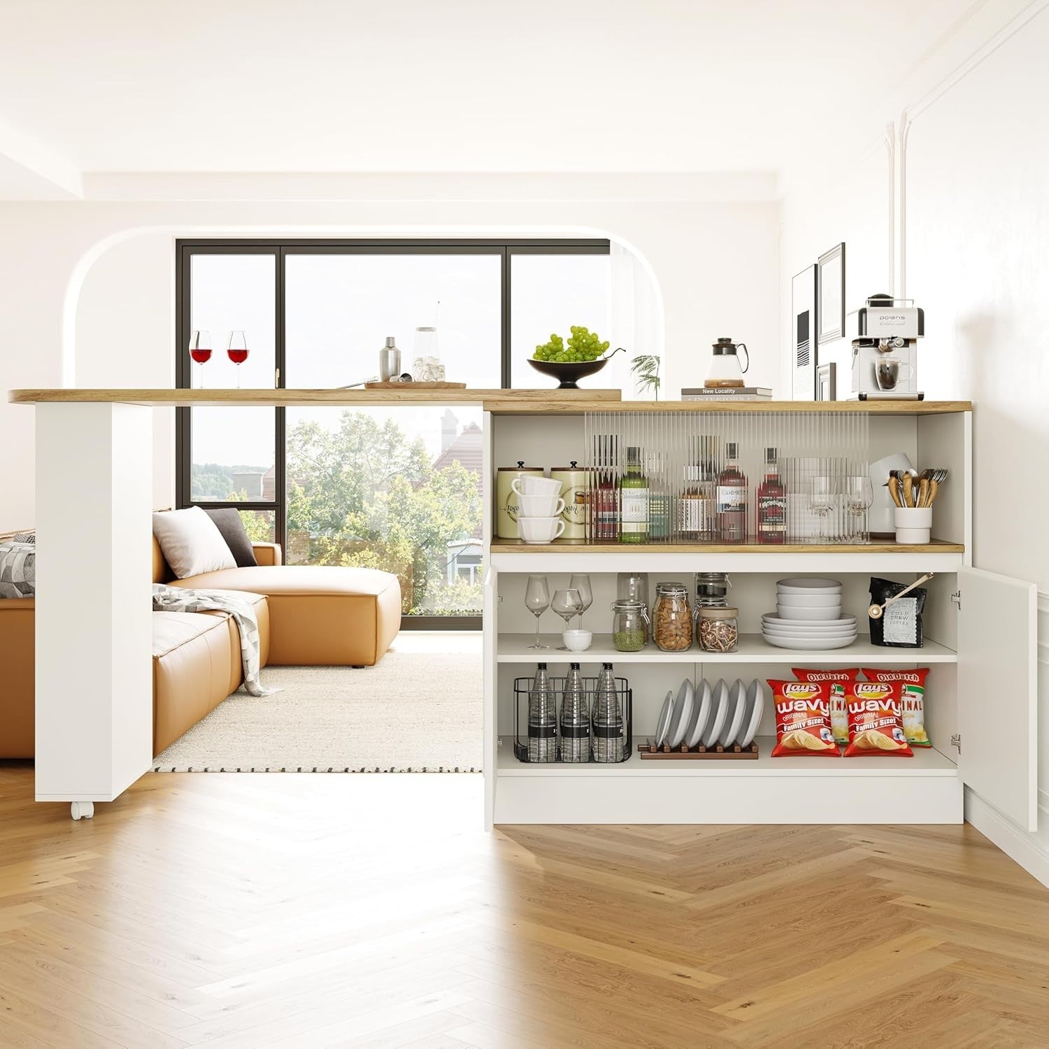 360° Rotating Kitchen Island with Sliding Glass Doors, Storage & Extendable.