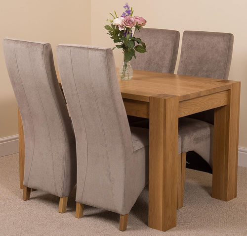 4 Seater Oak Dining Table Set Grey Fabric Chairs 125x80cm Compact Modern