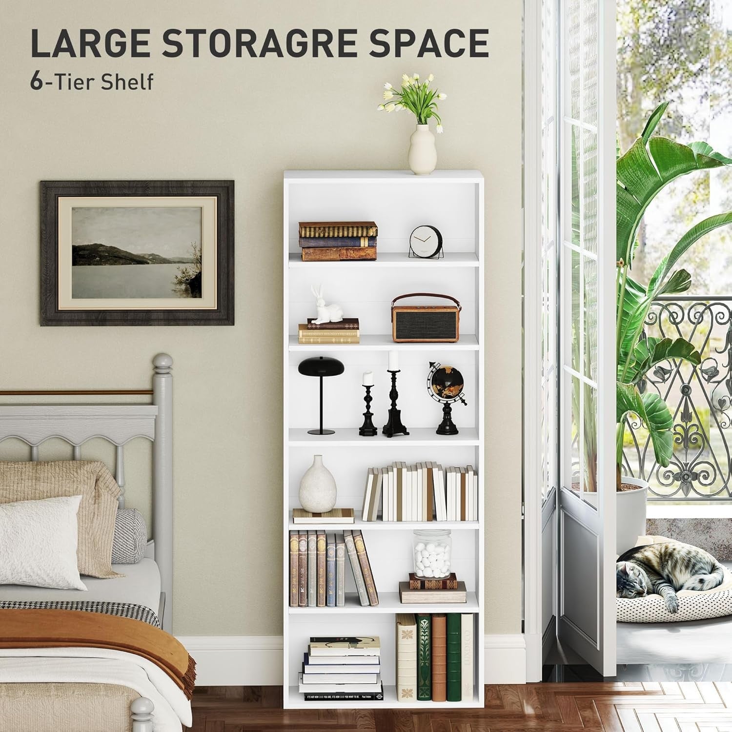 White 6-Tier Tall Bookcase Adjustable Shelves Modern Slim Storage Display Unit