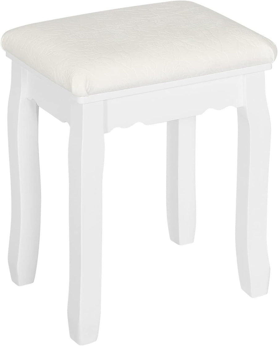 White Padded Vanity Stool Baroque Makeup Chair Pinewood Legs Elegant Seat