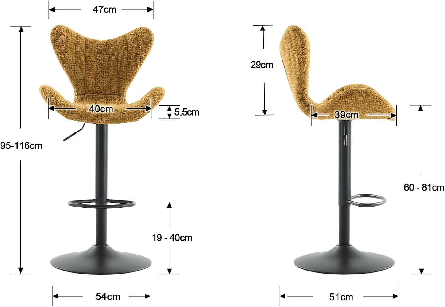 Yellow Wing-Back Bar Stools Set of 2 | Chenille Seat, Swivel & Adjustable