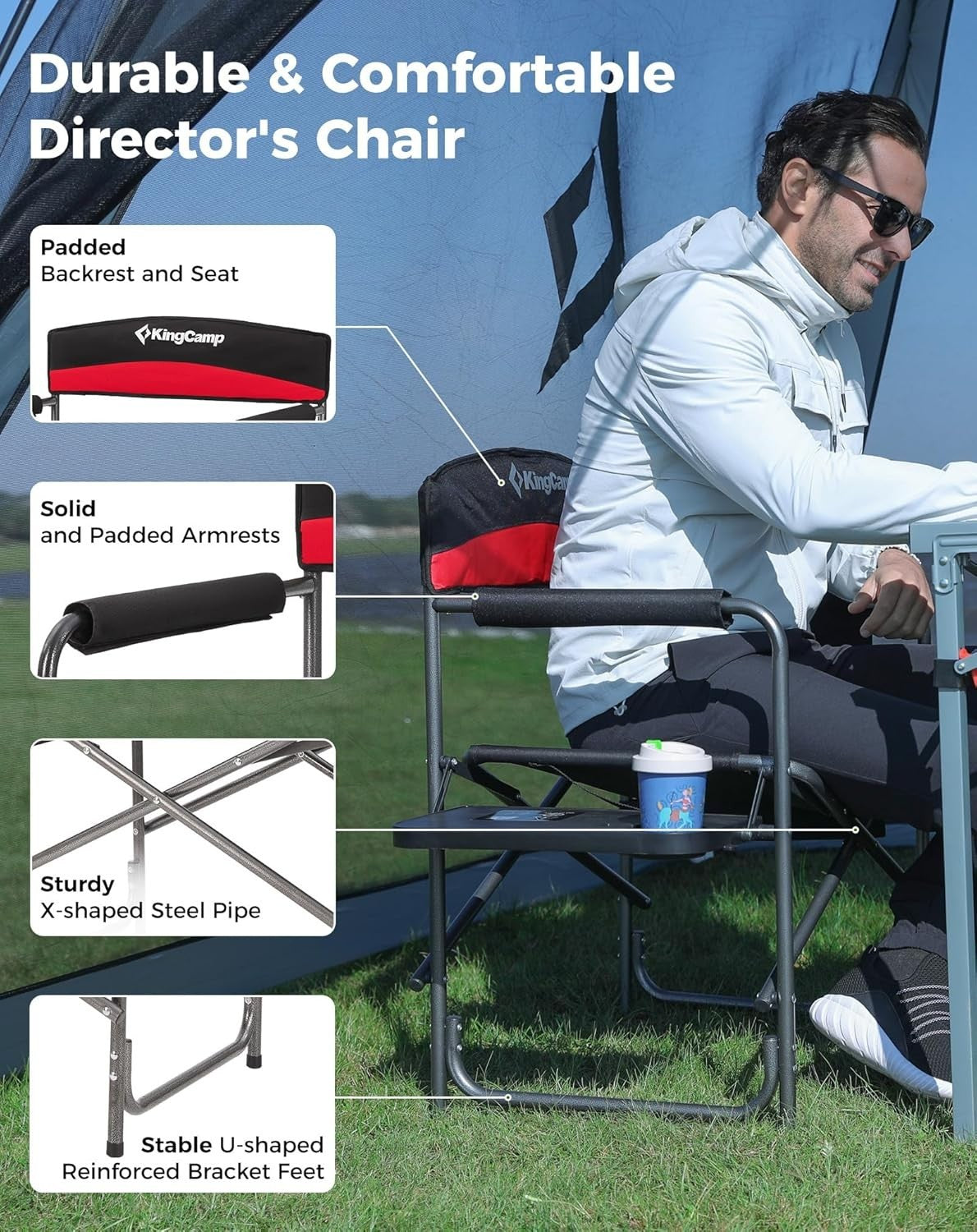 2x Heavy Duty Folding Camp Chairs 400LB W/ Side Table Pockets Red