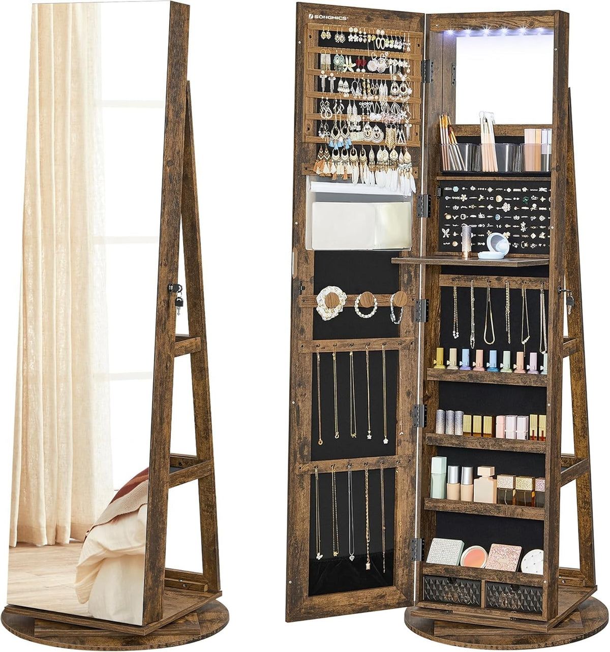 Rustic Brown LED Jewelry Cabinet Mirror 360° Swivel Lockable Storage