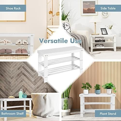White Bamboo Shoe Storage Bench – 3-Tier Rack & Seat for Entryway 70cm