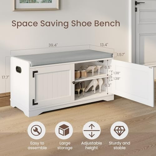 White Shoe Storage Bench with Cushion Seat 2-Door Cabinet Adjustable Shelves
