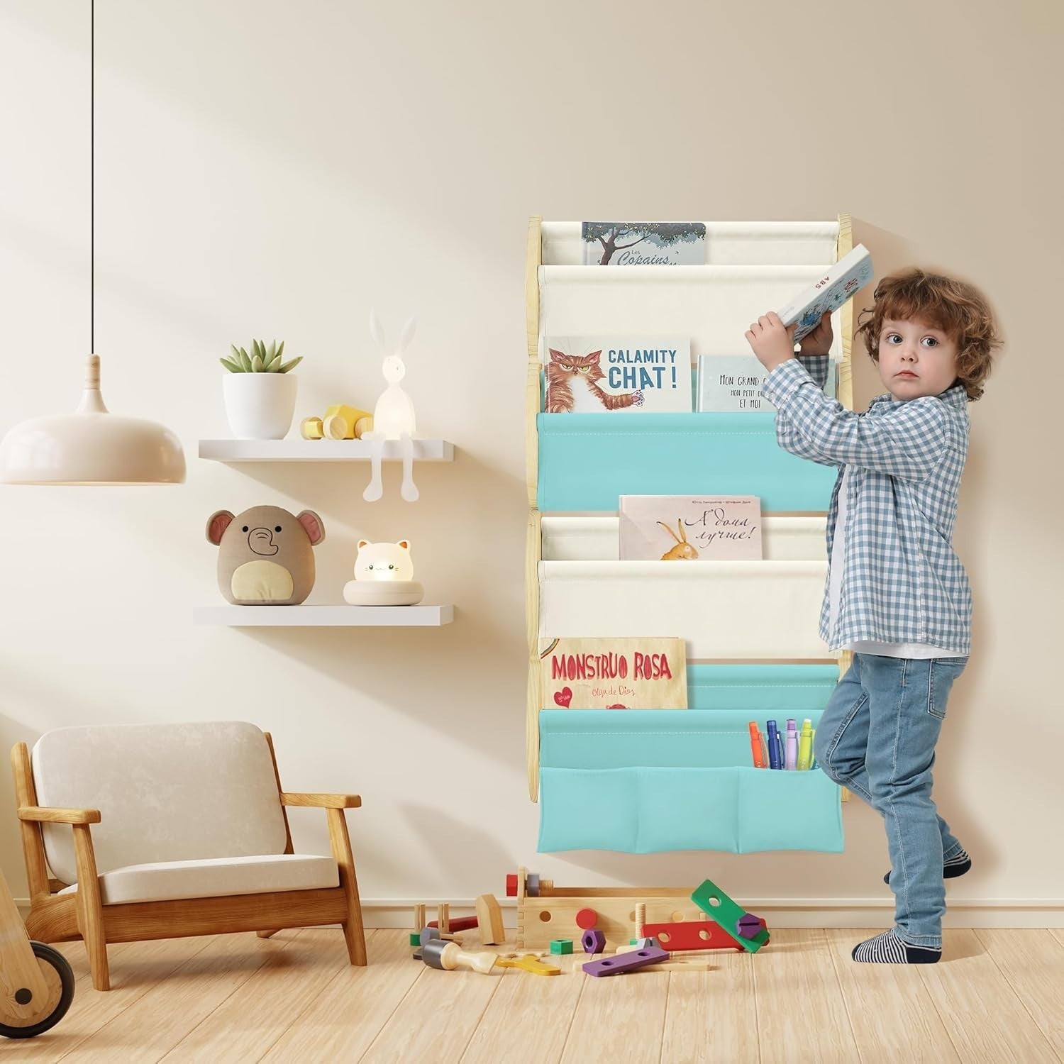 Kids Wall Mounted Bookshelf 4 Tier Floating Shelf with Pockets – Blue