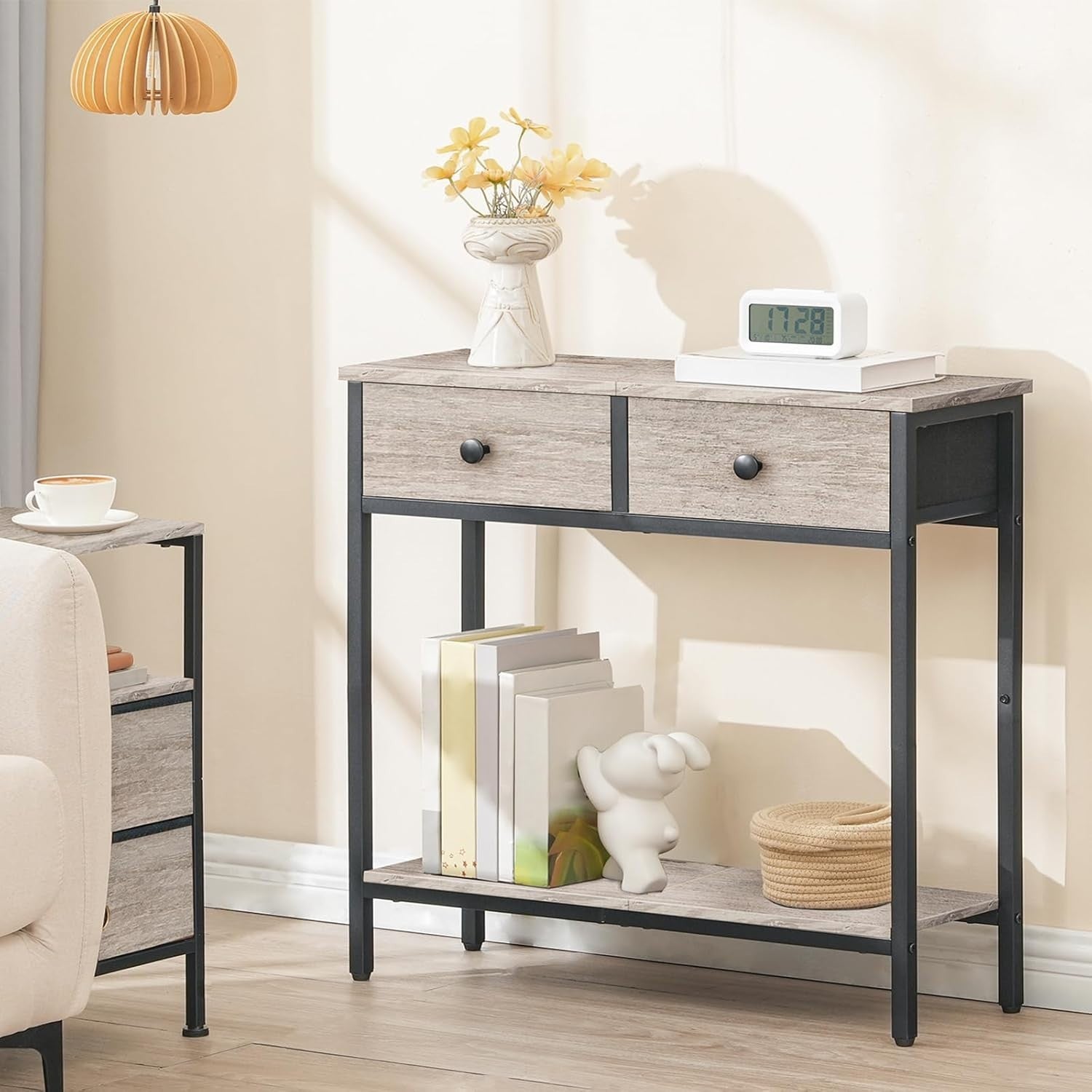 Slim Narrow Console Table with 2 Drawers & Lower Shelf for Small Spaces