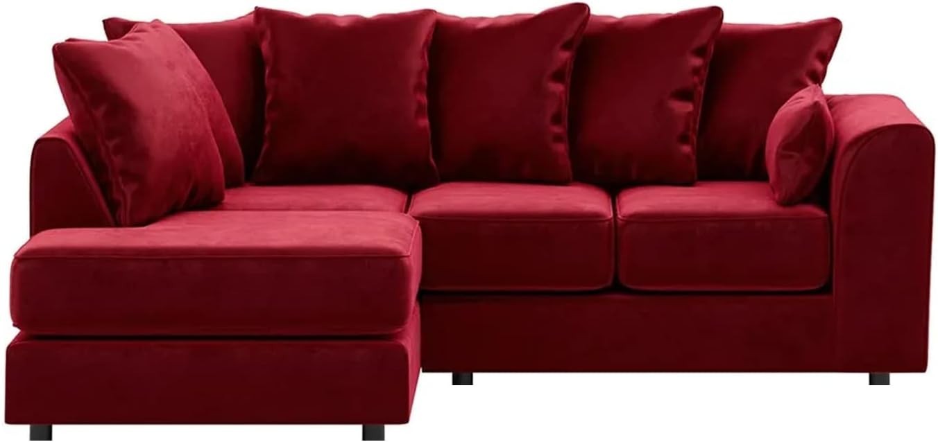 Red Plush Velvet Left Hand L-Shaped Corner Sofa Full Foam Cushions