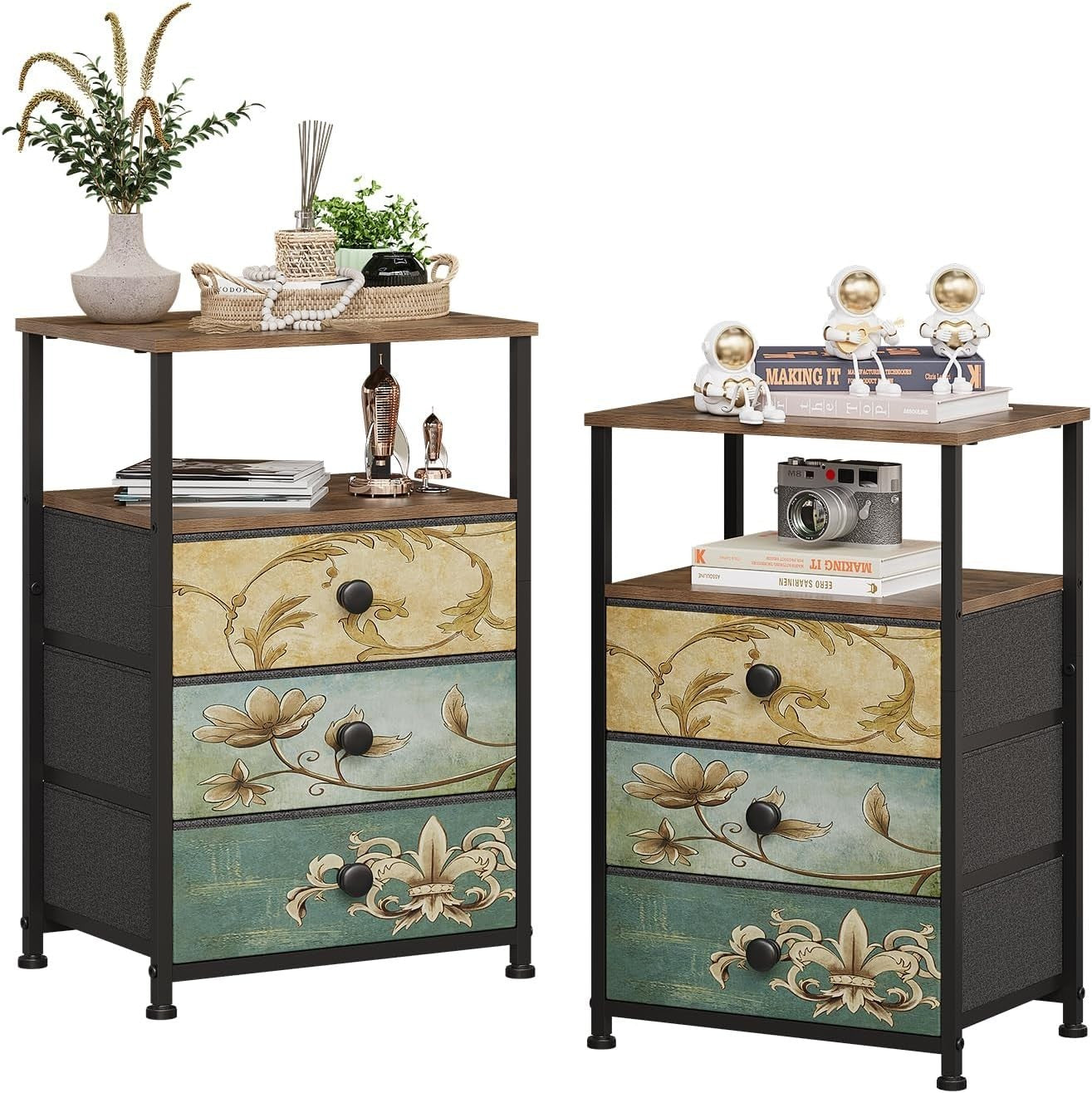 3 Drawer Vintage Wood Dresser with Fabric Drawers | Bedroom Storage Cabinet