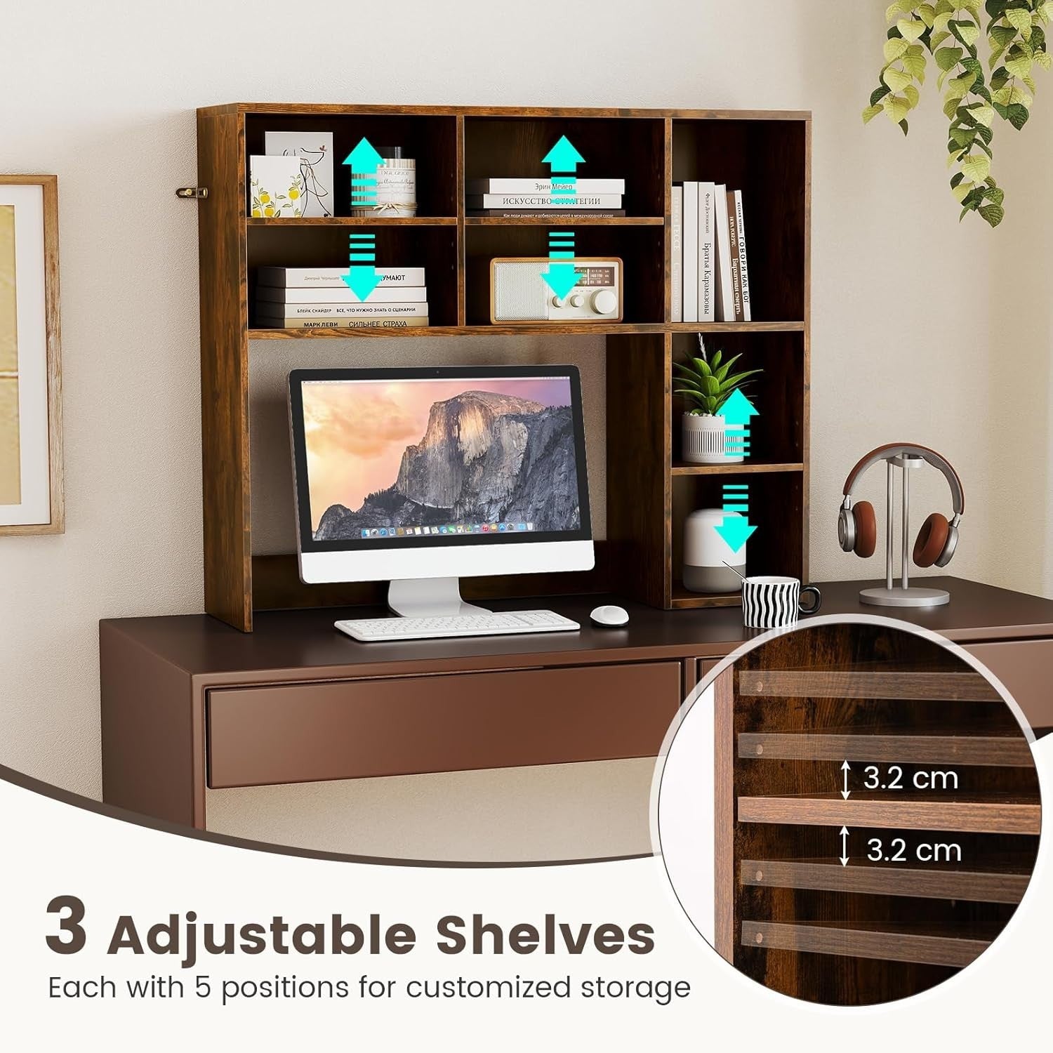 Rustic Brown Desktop Bookshelf 3-Shelf Adjustable Hutch Organizer Rack 94cm