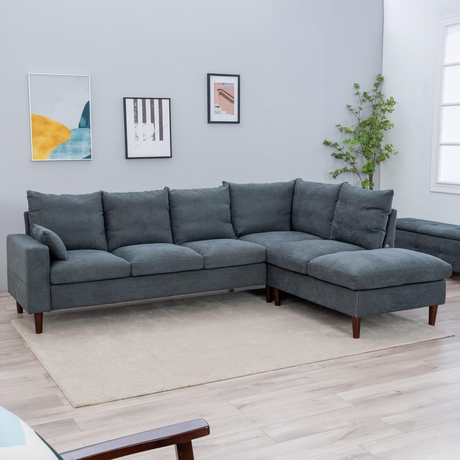 6 Seater Corner Sofa with Chaise Grey Linen L Shape USB Charging Modern Couch