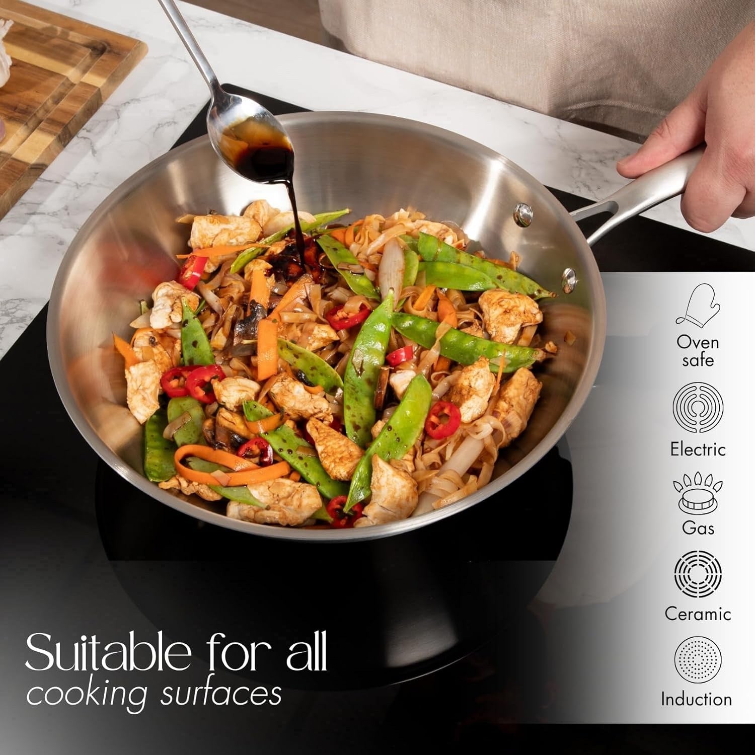 Stainless Steel Wok Pan 28cm Non Stick Induction Deep Fry Pan with Glass Lid