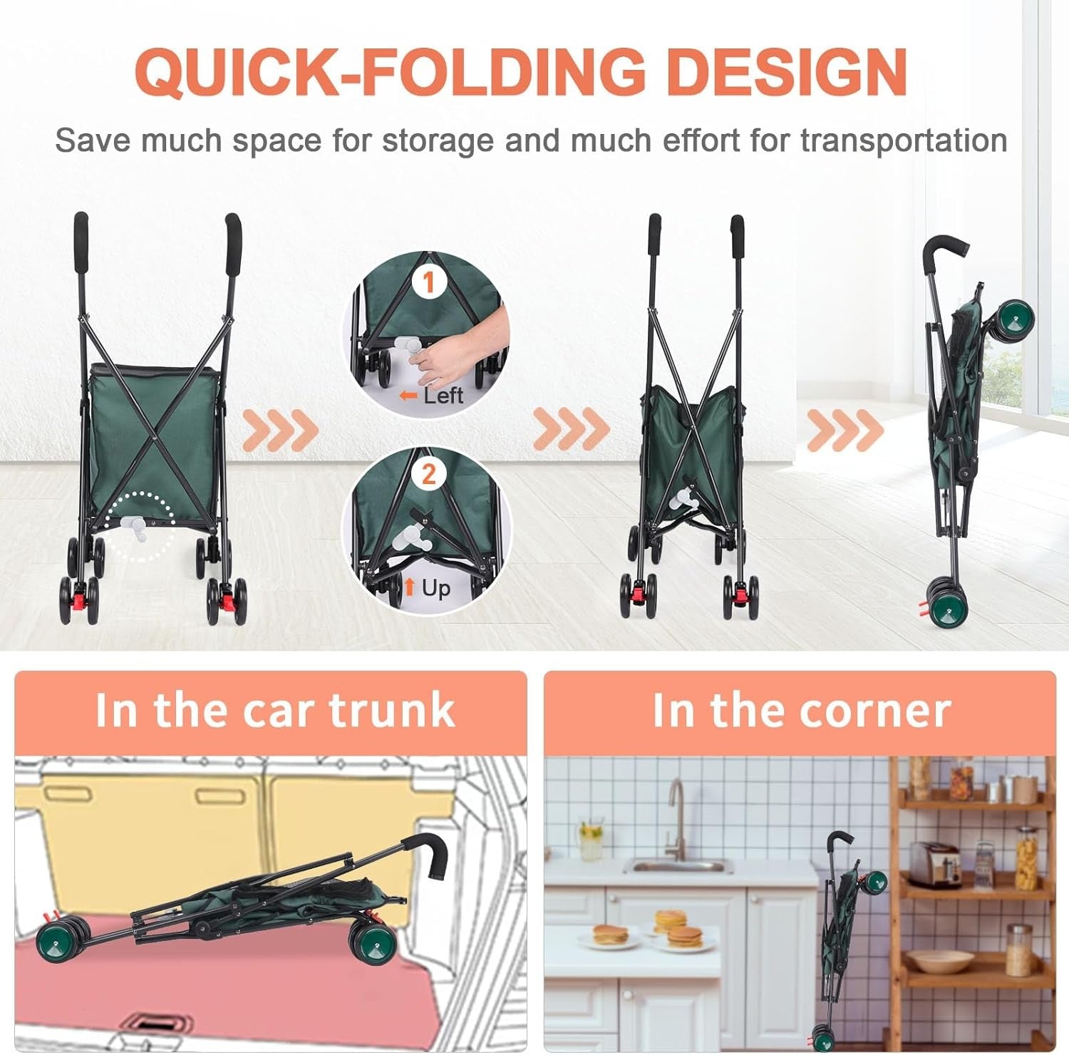 Dark Green Foldable Pet Shopping Cart Stroller 60lb Heavy Duty Utility Wagon