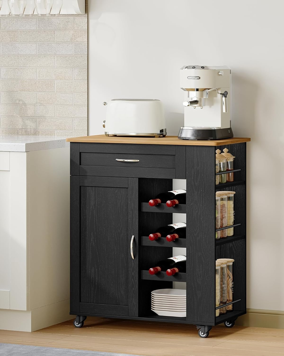 Black Rolling Kitchen Island Cart Wine Rack Drawers Shelves