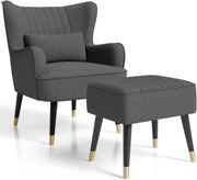 Modern Wingback Armchair w/ Ottoman Footstool, Teddy Fleece Lounge