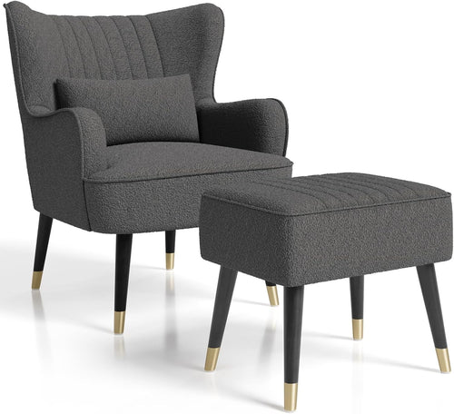 Modern Wingback Armchair w/ Ottoman Footstool, Teddy Fleece Lounge