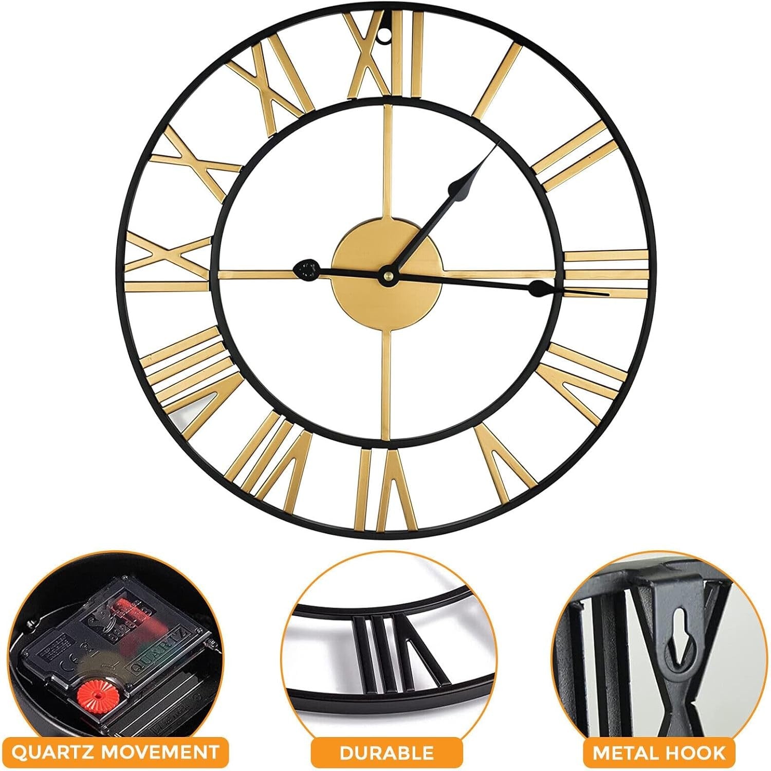Large 60cm Skeleton Wall Clock Metal Roman Numerals Vintage Gold Black Home Deco
