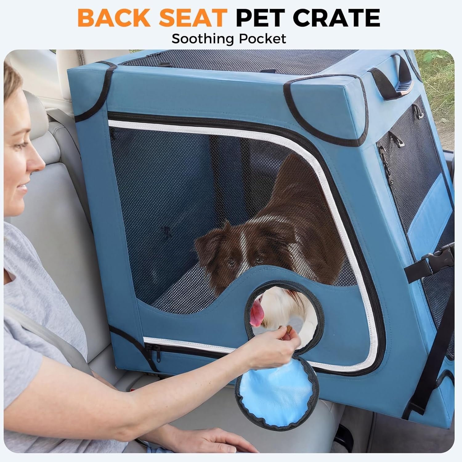 Portable Dog Crate for Car Travel Metal Frame Pet Carrier Foldable Blue