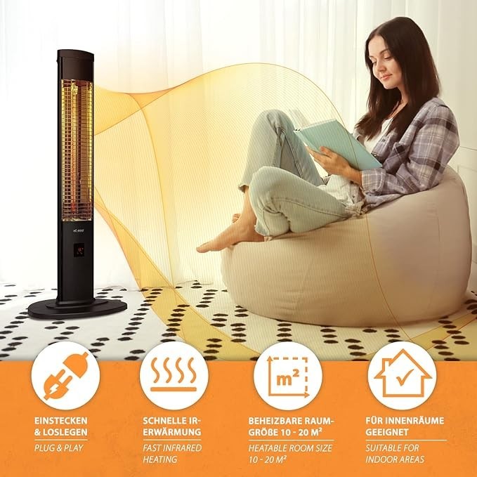 Outdoor Infrared Patio Heater 2000W Remote Control 4 Heat Levels Timer Safe