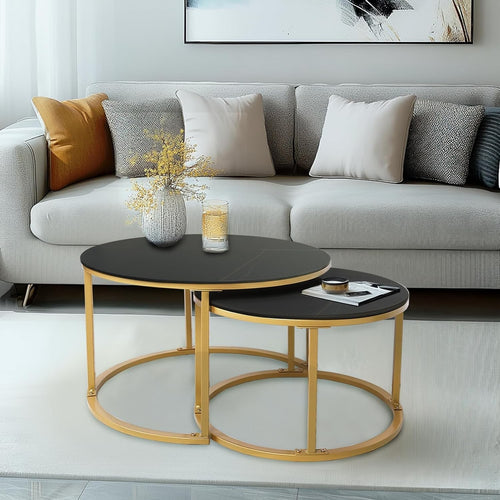 Black Gold Nesting Coffee Table Set Stone Top End Side Tables Round Modern