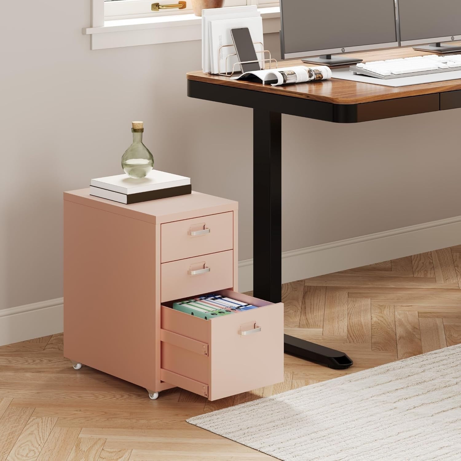 Pink Mobile Filing Cabinet 3 Drawer A4 Under Desk Office Storage