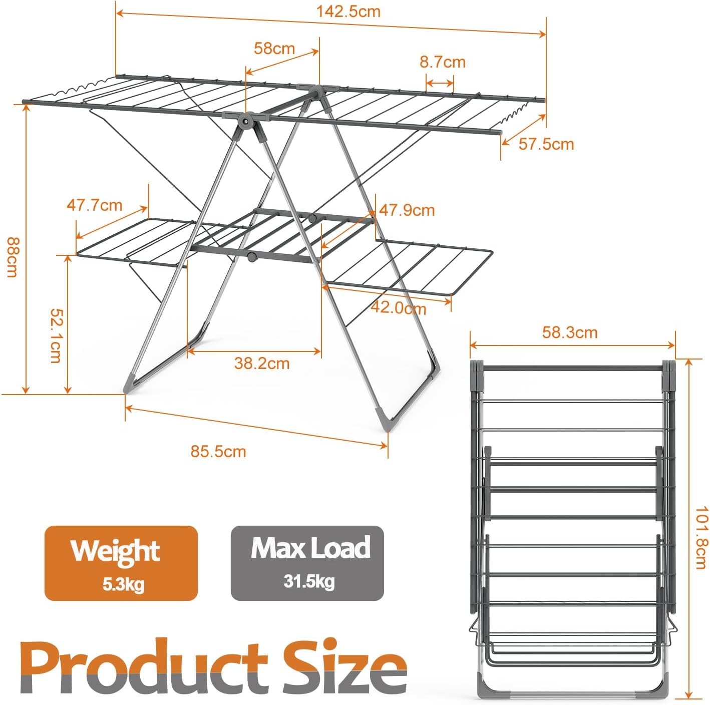 Foldable Clothes Airer 33 Rails Stainless Steel Indoor Outdoor Drying Rack