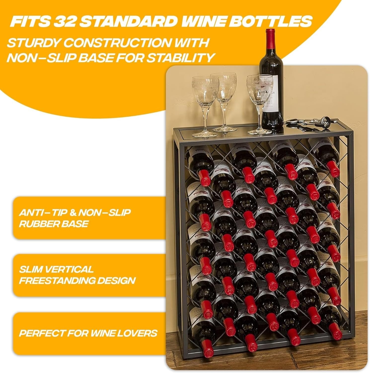 32 Bottle Wine Rack Freestanding Metal Wine Storage Shelf with Tabletop Black