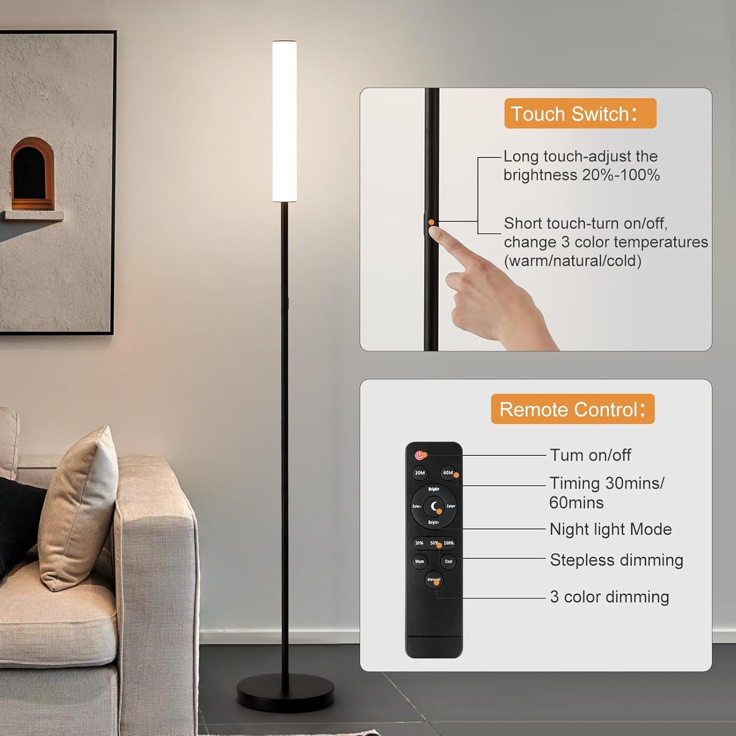 LED Floor Lamp Black Dimmable Standing Light Remote Touch 3 Colour Modes