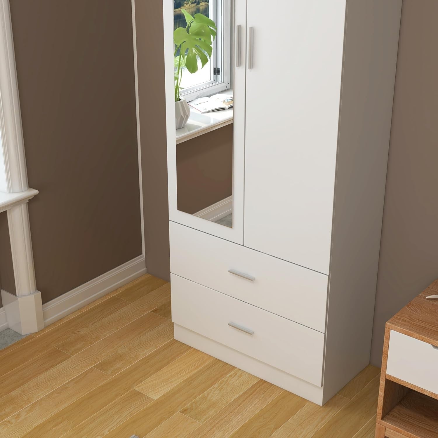 Mirrored 2 Door Wardrobe with Hanging Rail & Drawers - Sturdy, Modern Storage