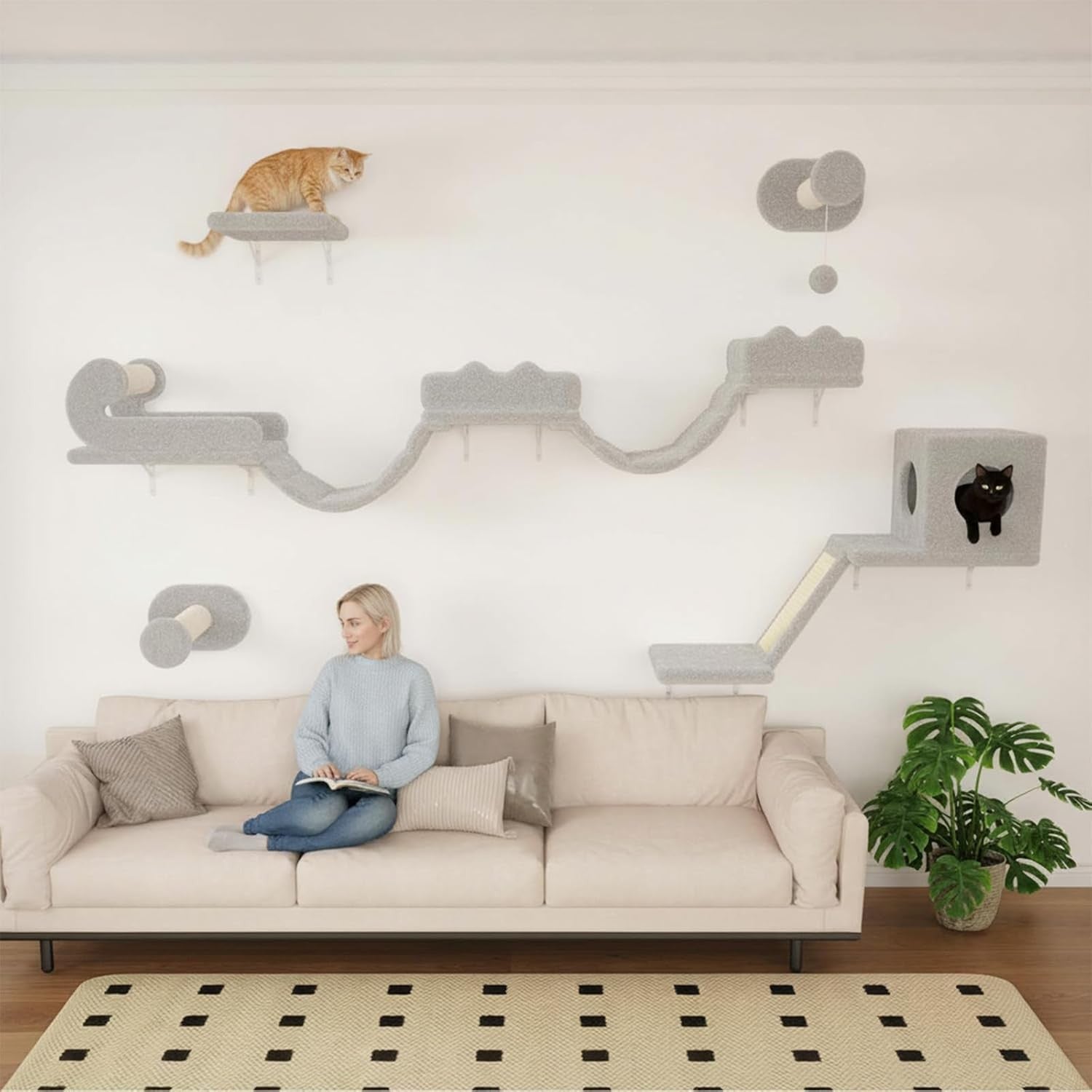 Cat Wall Shelves Set 5pcs Climbing Frame Bridge Condo Scratching Posts