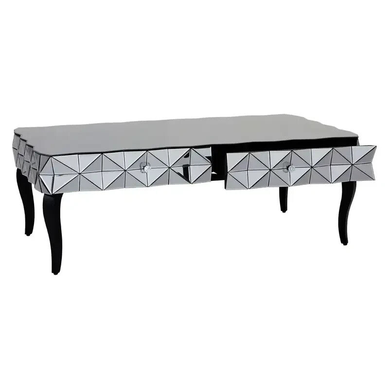 Luxury Mirrored 3D Glass Coffee Table – Silver Top with Black Wood Legs