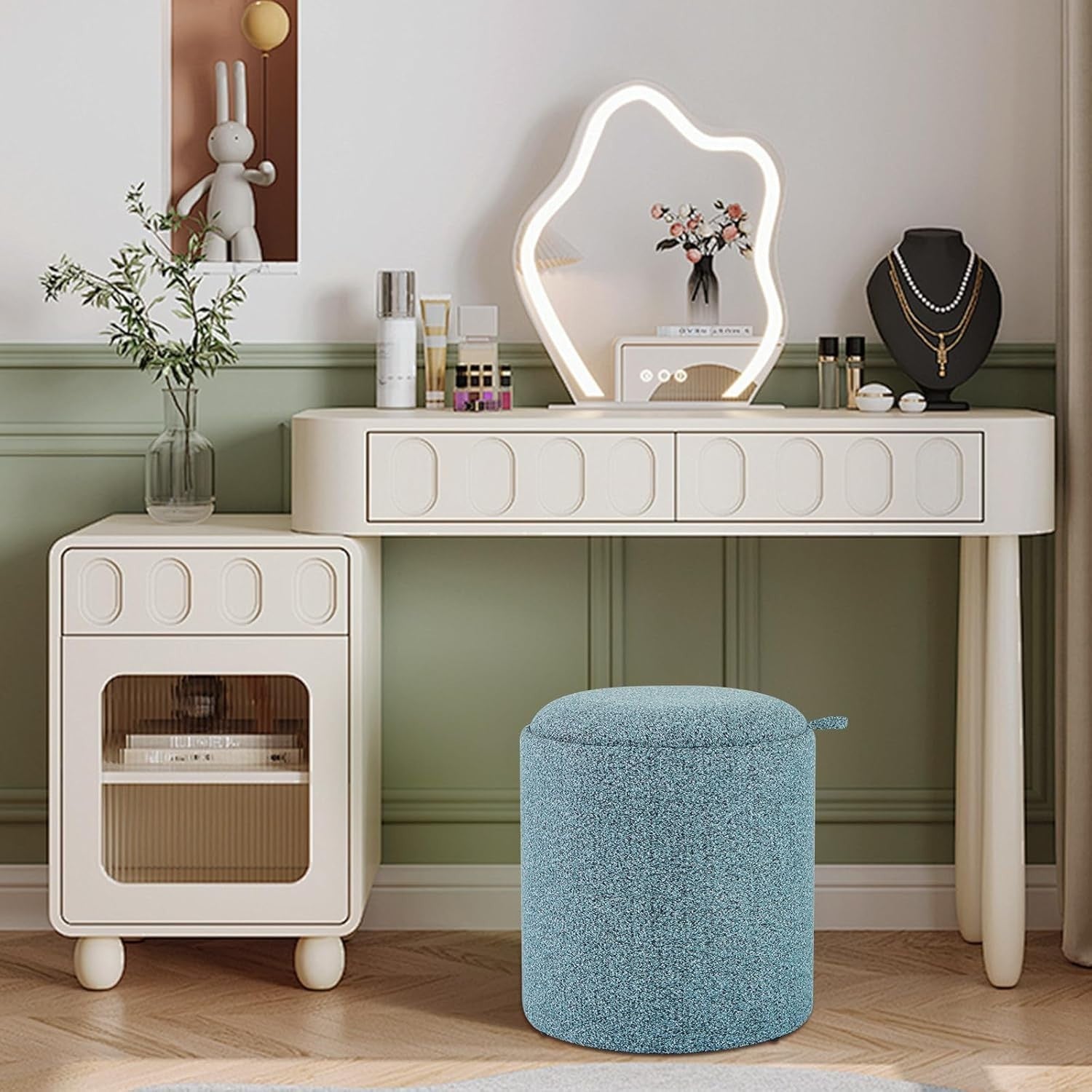 Blue Nesting Round Footstools Set of 2 Storage Ottomans with Tray Tops