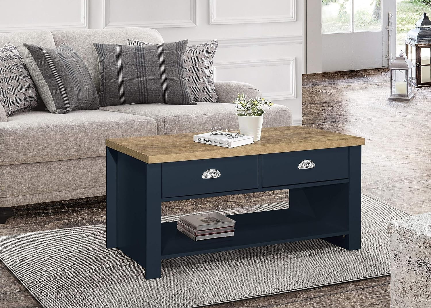 Rustic Blue Oak Coffee Table with 2 Drawers – Farmhouse Storage & Chic Design